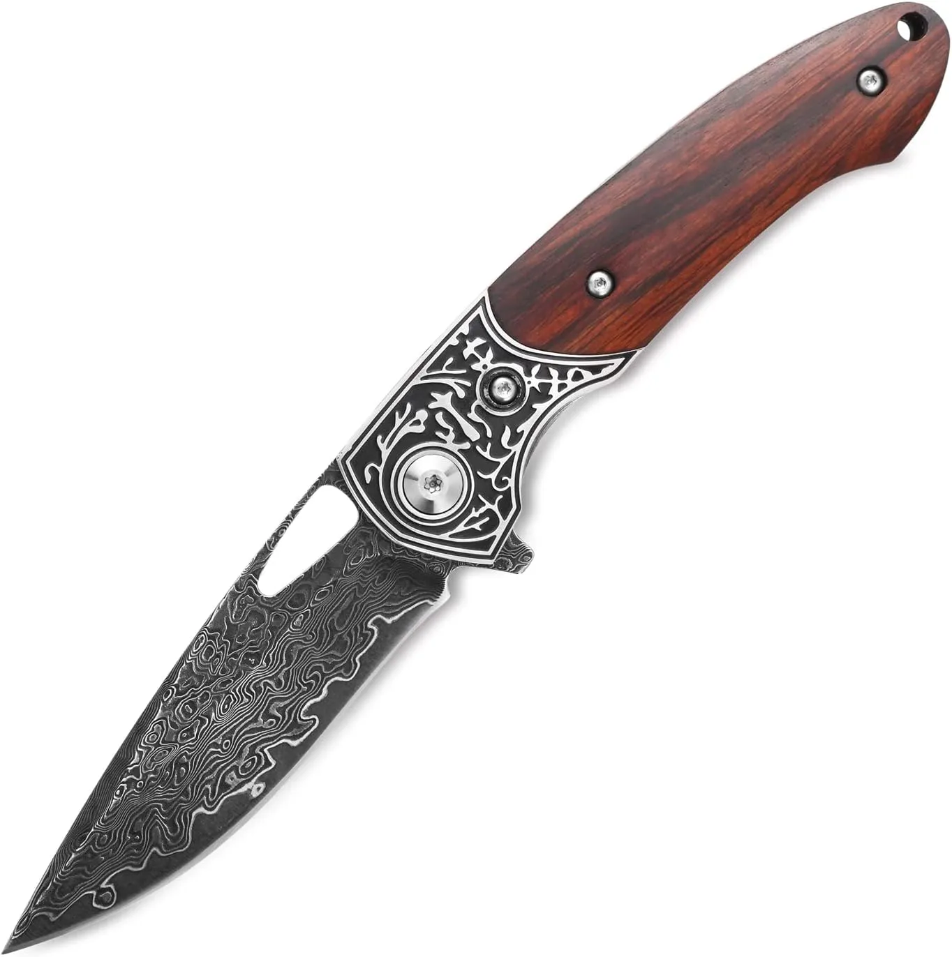 Siitivien ST205 Damascus Steel Folding Knife, VG10 Core Blade, Desert Ironwood CNC Precision Carving Handle Pocket Knife, EDC Tatical Tool Knife for Outdoor, Camping, Hunting, Hiking, Survival … …