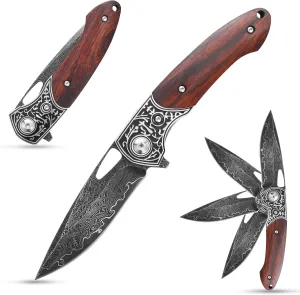 Siitivien ST205 Damascus Steel Folding Knife, VG10 Core Blade, Desert Ironwood CNC Precision Carving Handle Pocket Knife, EDC Tatical Tool Knife for Outdoor, Camping, Hunting, Hiking, Survival … …