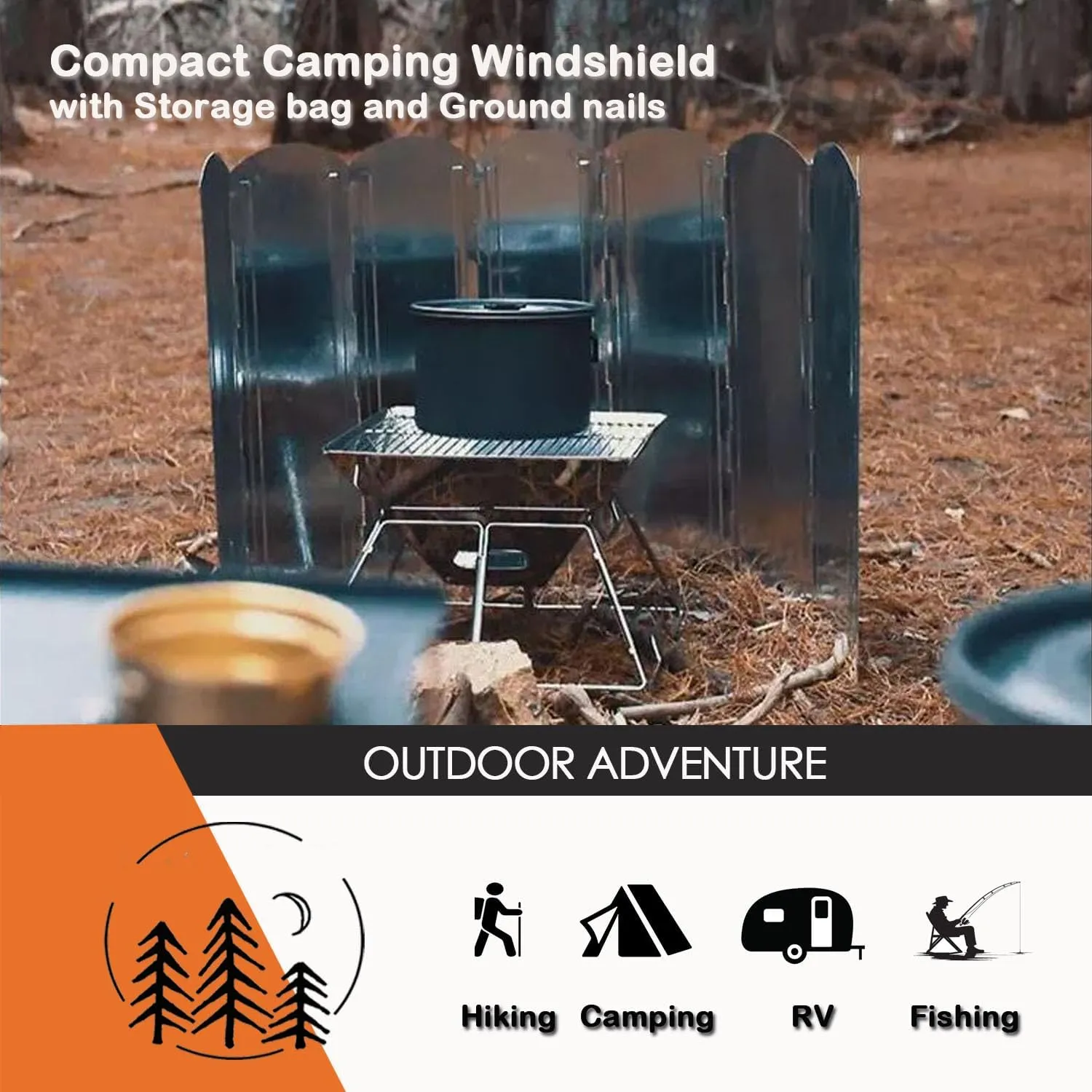 Silver Camping Stove Windscreen, Tall 8-Panel Foldable Wind Blocker with Stakes & Bag, 23.6inc (60cm) Portable Windshield for Campfire, Firepit, RV, Outdoor Cooking, Hiking, Picnic