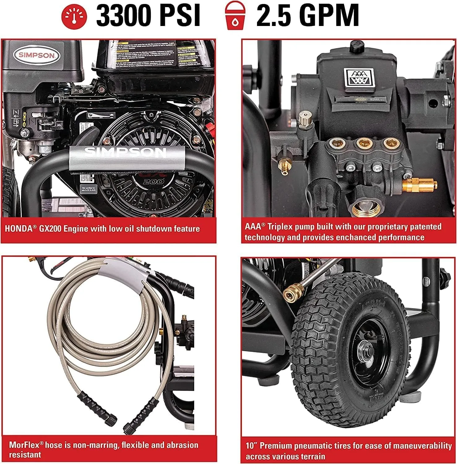 SIMPSON Cleaning PS3228 PowerShot 3300 PSI Gas Pressure Washer, 2.5 GPM, Honda GX200 Engine, Includes Spray Gun and Extension Wand, 5 QC Nozzle Tips, 5/16-inch x 25-foot MorFlex Hose, 49-State