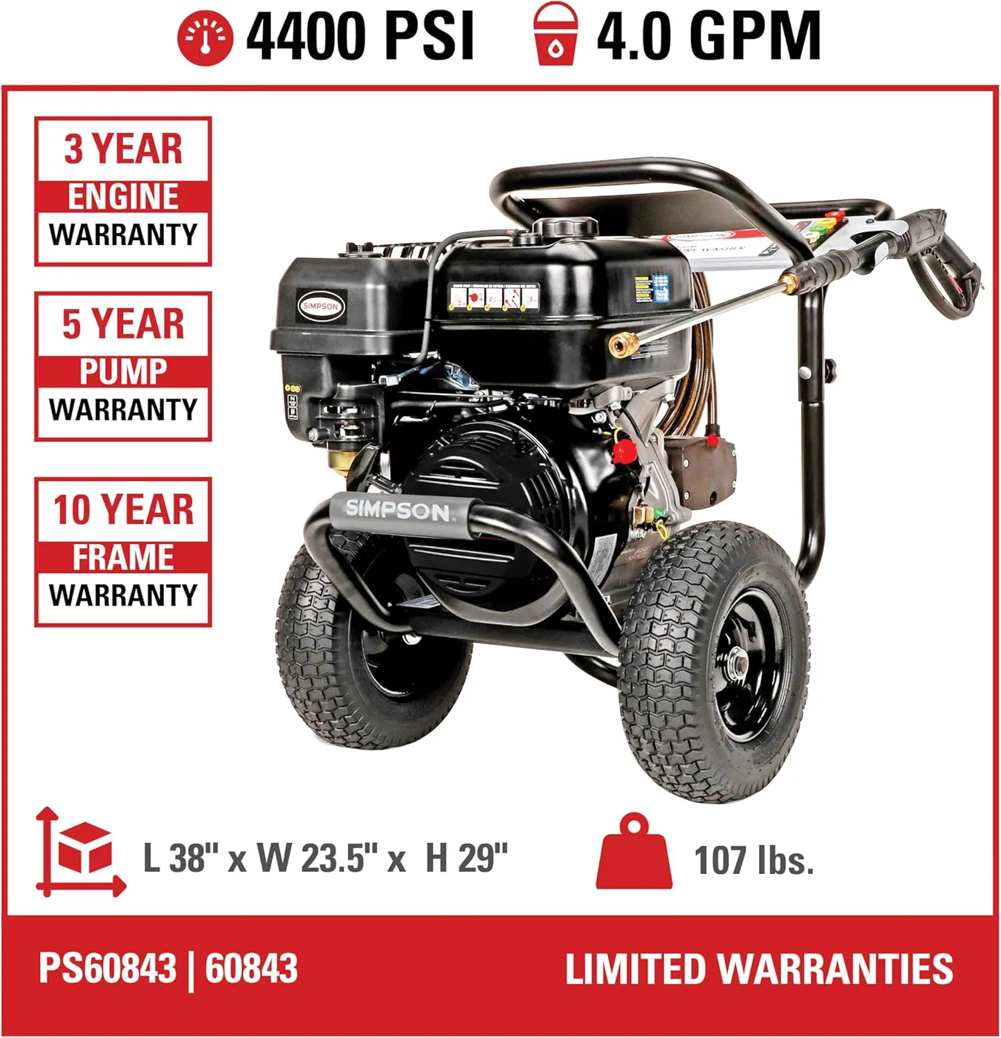 SIMPSON Cleaning PS60843 PowerShot 4400 PSI Gas Pressure Washer, 4.0 GPM, CRX 420cc Engine, Includes Spray Gun and Extension Wand, 5 QC Nozzle Tips, 3/8-inch x 50-foot Monster Hose, 49-State