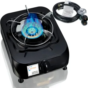 Single Burner Propane Stove with LPG CSA Hose 13000 BTU Single Propane Burner Smart Switch Protection for Children. Unique Body Integrated Design