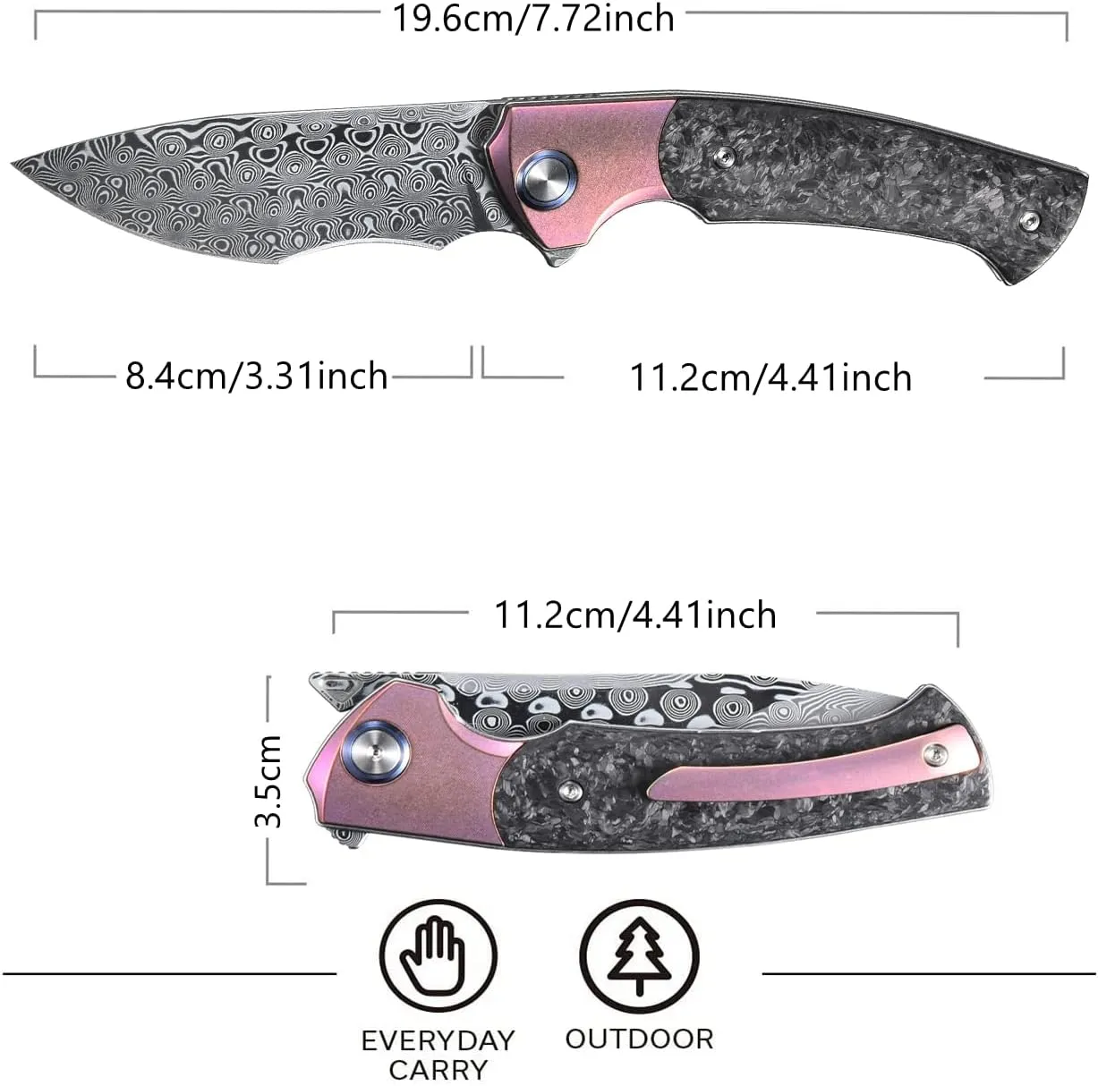 Sitivien ST255 Damascus Steel Folding Knife,Damascus Rose Print Pattern Blade,Titanium Carbon Fiber Handle EDC Knife for Outdoor Survival Collection(Pink)