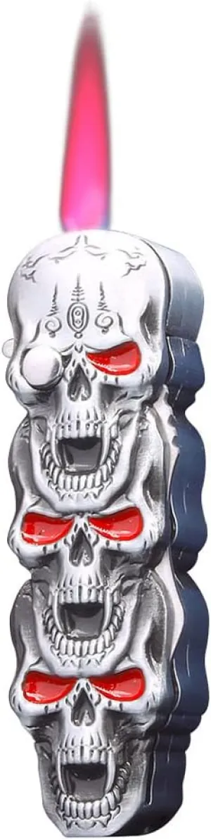 Skull Torch Lighter, Metal Embossed Skull, Cool, Multifunctional, Fillable, Adjustable, Unique Windproof Lighter, Gift for Men, (No Gas) (Silver)