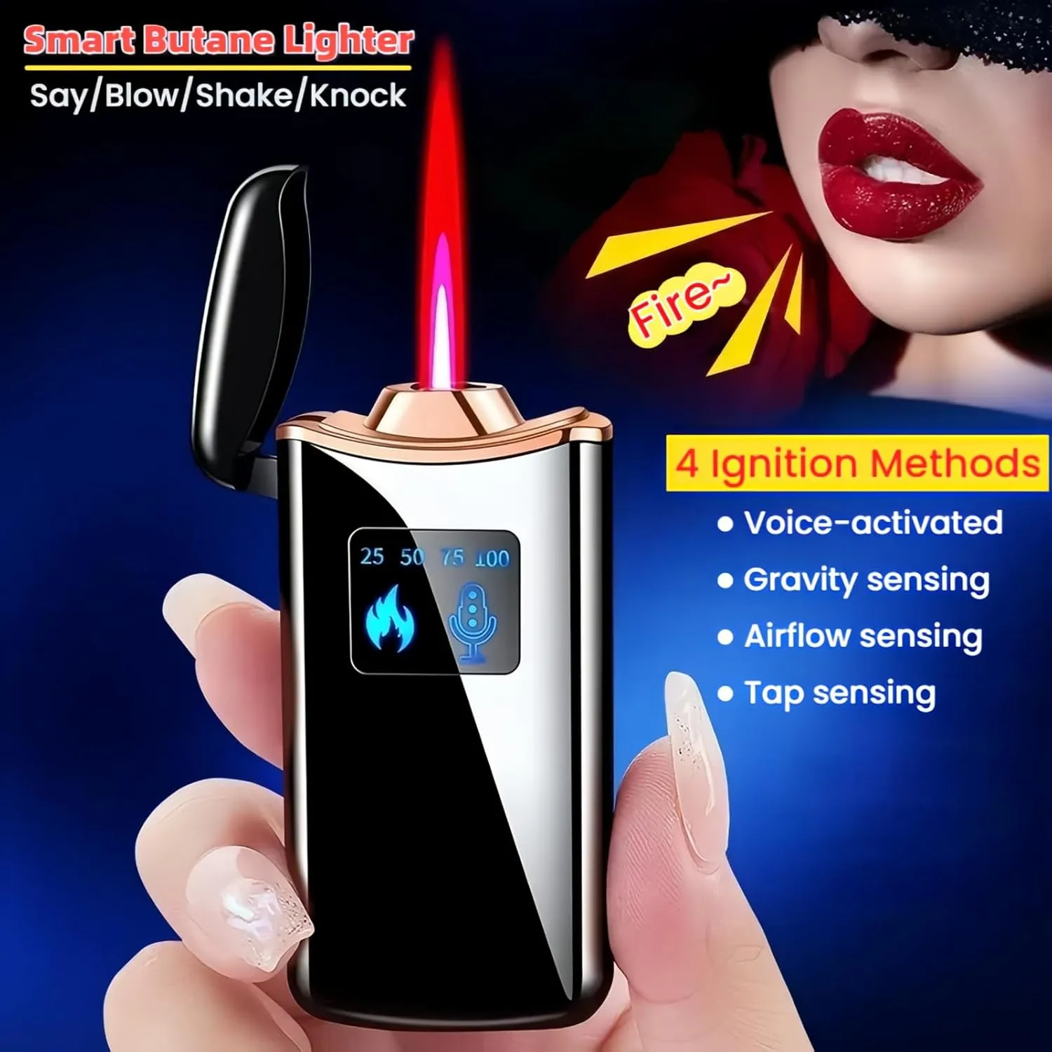 Smart Butane Lighter, Voice-Activated Sensor Torch Lighter with 4 Ignition Modes, Windproof Red Flame Refillable Lighters (Without Fuel) (Gold Sand)