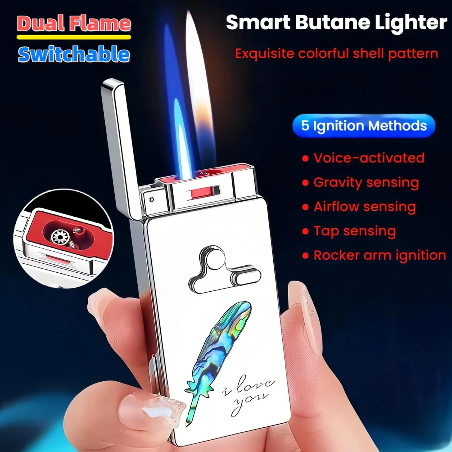 Smart Butane Torch Lighter, 5 Ignition Methods, Voice Controlled Dual Flame Lighter with Jet Blue Flame and Open Flame Options, Windproof Refillable Lighters (Without Gas) (Four-Leaf Clover)