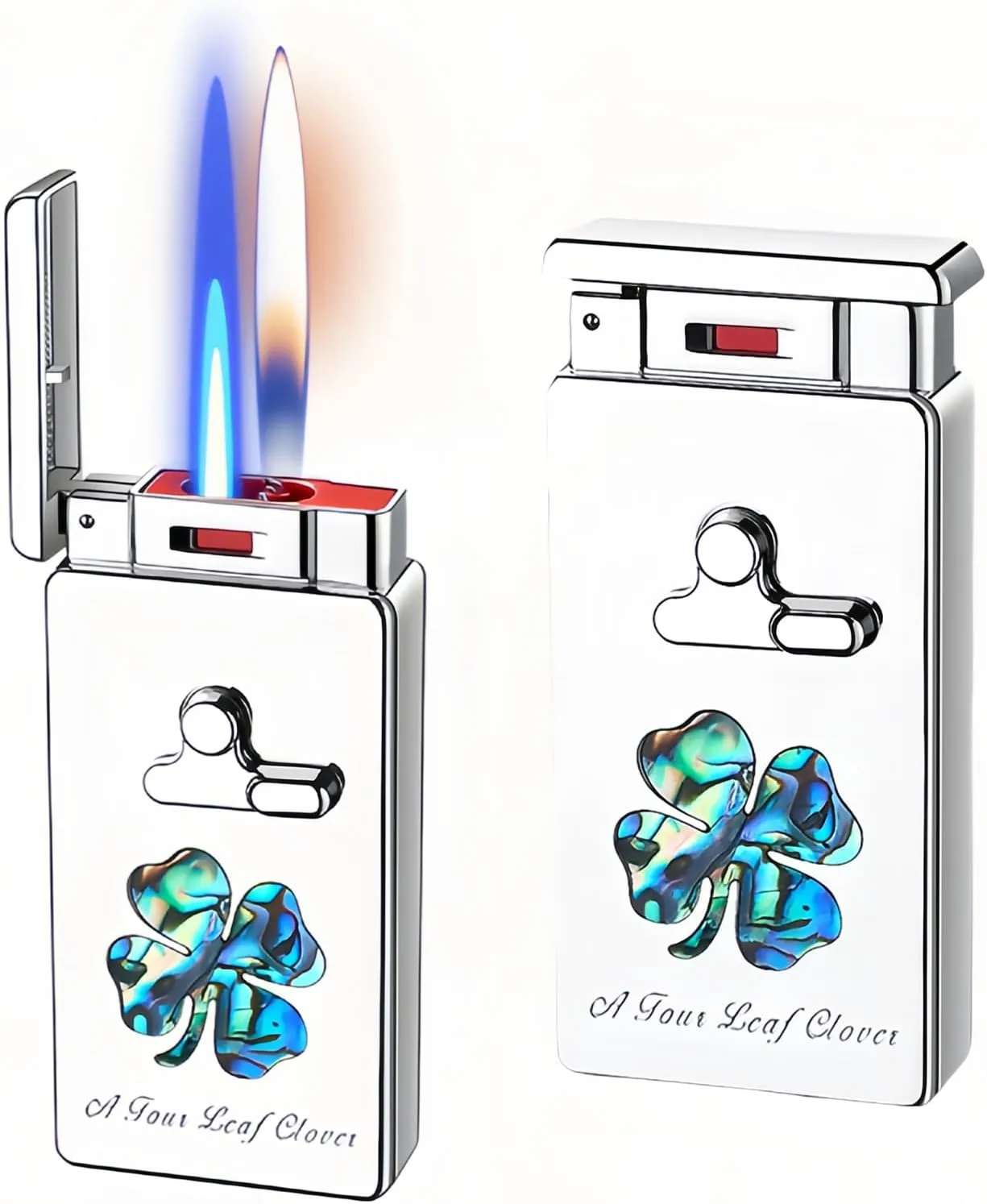 Smart Butane Torch Lighter, 5 Ignition Methods, Voice Controlled Dual Flame Lighter with Jet Blue Flame and Open Flame Options, Windproof Refillable Lighters (Without Gas) (Four-Leaf Clover)