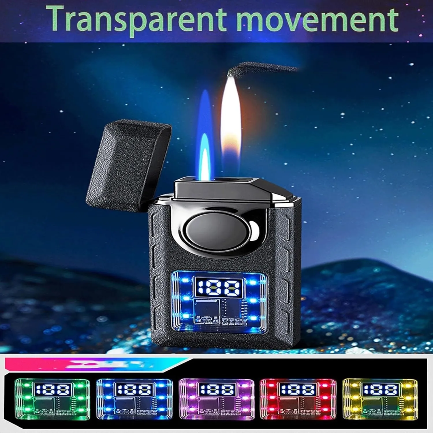 Smart Voice-Activated Windproof Lighter, Two Flame Modes, Adjustable Flame, Butane Refillable, Visible Butane Level, Portable, Colored Ice