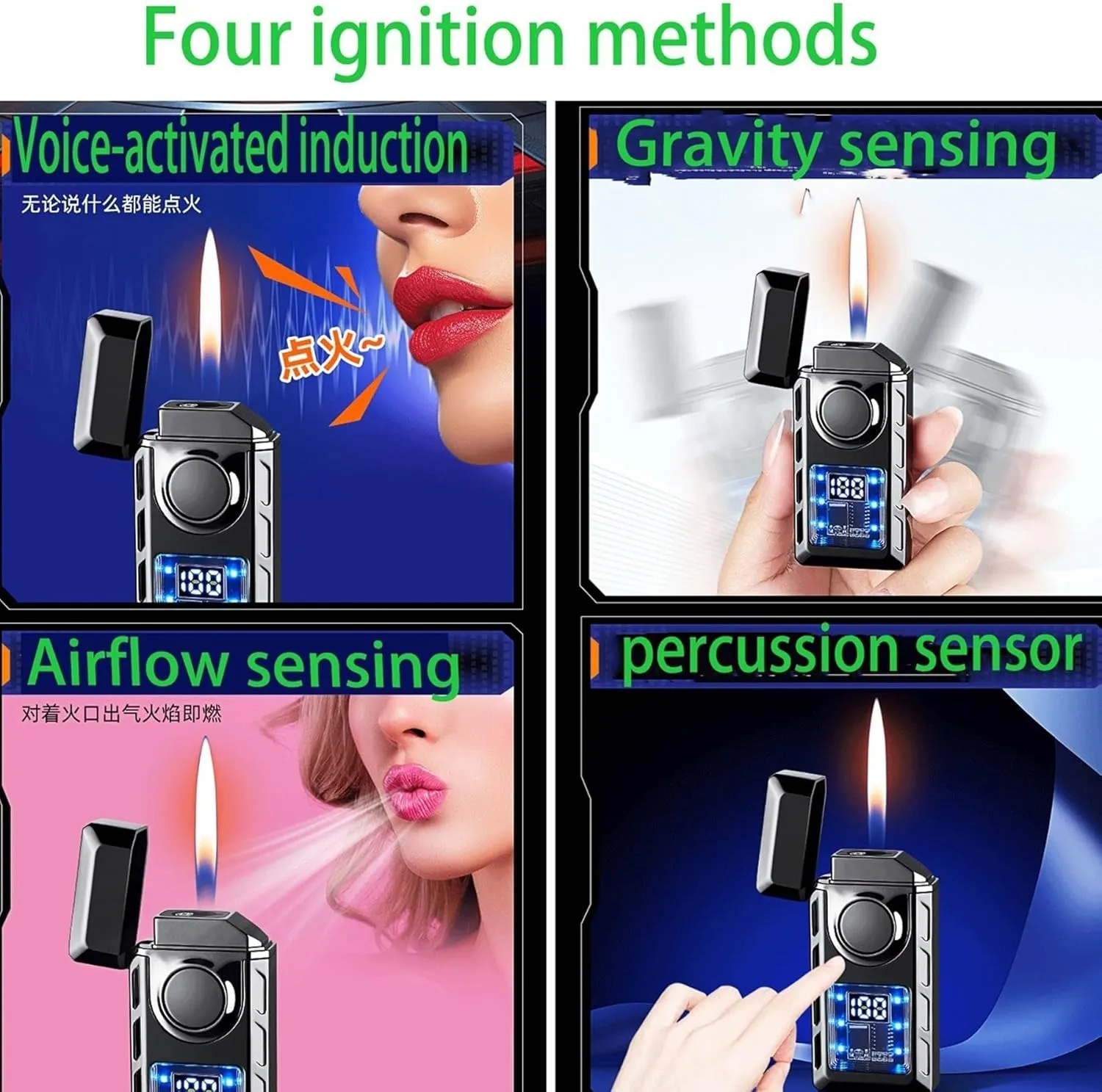 Smart Voice-Activated Windproof Lighter, Two Flame Modes, Adjustable Flame, Butane Refillable, Visible Butane Level, Portable, Colored Ice