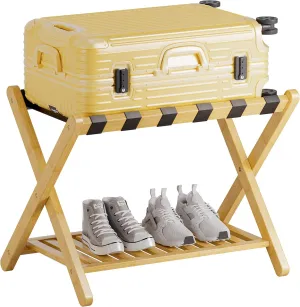 SMIBUY Luggage Rack, Foldable Bamboo Suitcase Stand with Storage Shelf for Guest Room, Bedroom, Hotel, Heavy-Duty, 1 Pack (Natural)