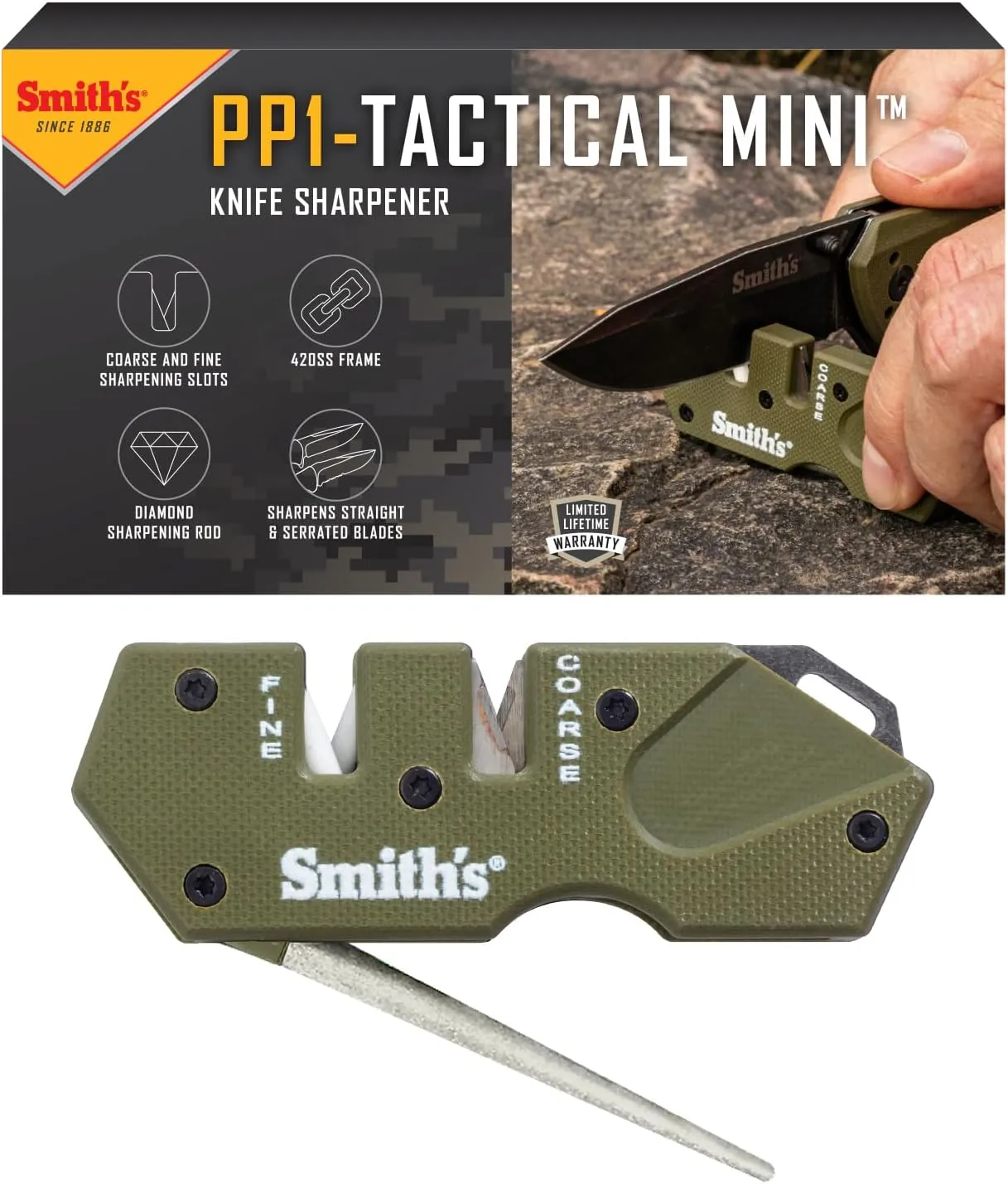Smith’s Pocket Pal Tactical Knife Sharpener - 2 Stage Sharpener & Diamond Sharpening Rod - Pocket Clip - Outdoor Hunting Knife & Hook Sharpener - Compact & Lightweight