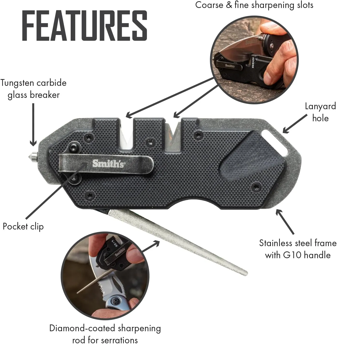 Smith’s Pocket Pal Tactical Knife Sharpener - 2 Stage Sharpener & Diamond Sharpening Rod - Pocket Clip - Outdoor Hunting Knife & Hook Sharpener - Compact & Lightweight