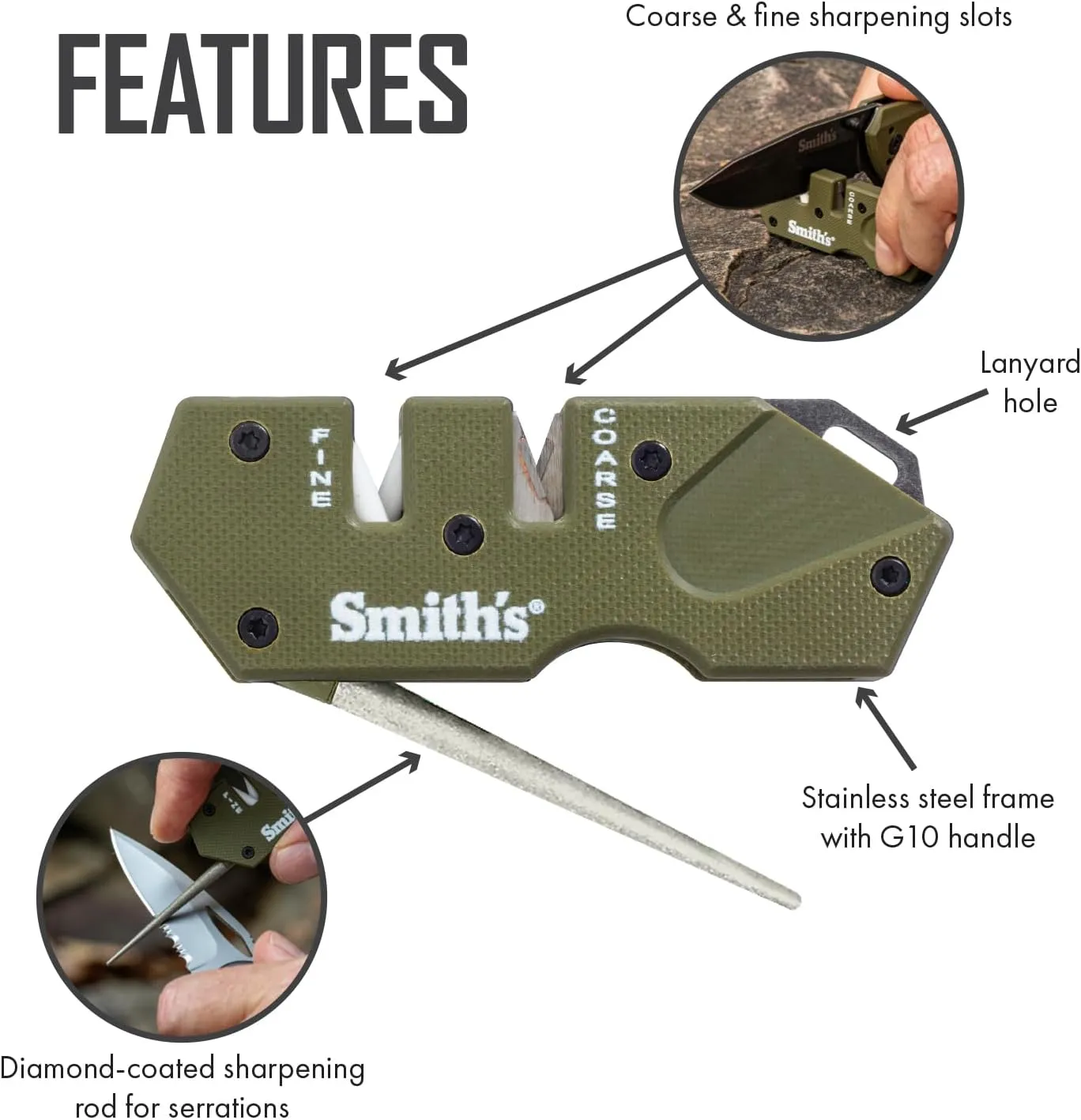 Smith’s Pocket Pal Tactical Knife Sharpener - 2 Stage Sharpener & Diamond Sharpening Rod - Pocket Clip - Outdoor Hunting Knife & Hook Sharpener - Compact & Lightweight