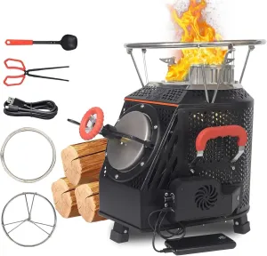 Smokeless Camping Wood Stove, Stainless Steel, Black, USB Powered, Three Adjustable Levels, Perfect for Outdoor Cooking, Heating, BBQ, Hiking, Fishing, Hunting