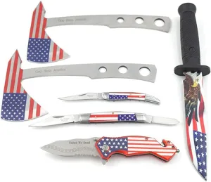 Snake Eye 6pc Tactical Set Full Tang Fixed Blade Knife Assisted Pocket Knife, Knife Sharpener Tomahawk Throwing Axe & Manual Folding Knives Gift Set (USA)