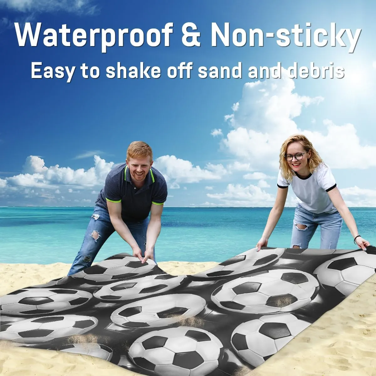Soccer Ball Beach Blanket, Sandproof Beach Mat, Adults Waterproof Quick Drying Sand Free Mat with 4 x Ground Spikes for Outdoor Travel Camping Hiking, Soccer Pattern
