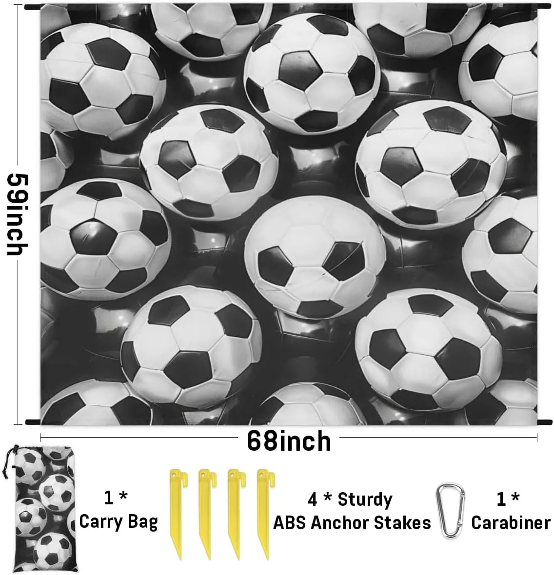 Soccer Ball Beach Blanket, Sandproof Beach Mat, Adults Waterproof Quick Drying Sand Free Mat with 4 x Ground Spikes for Outdoor Travel Camping Hiking, Soccer Pattern