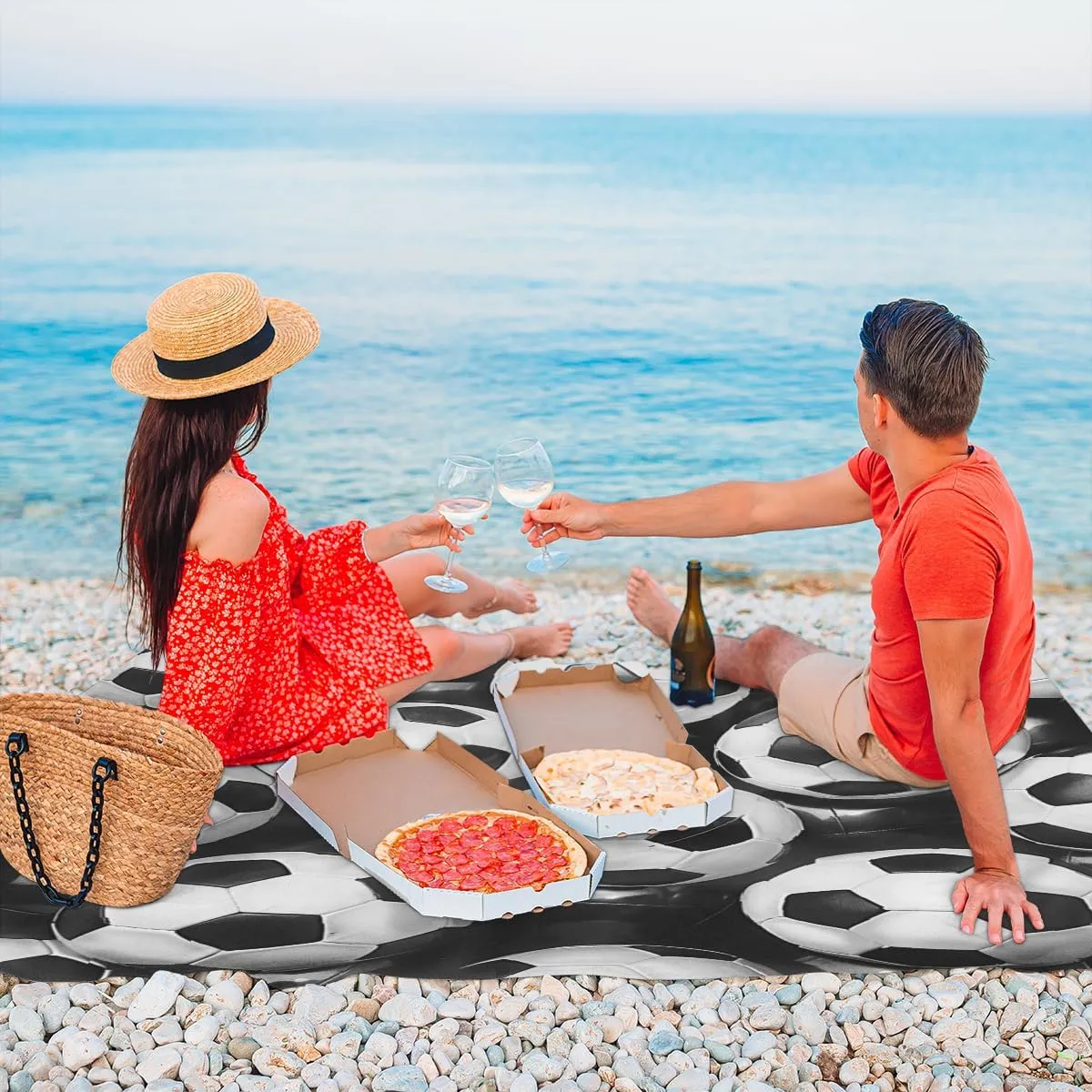 Soccer Ball Beach Blanket, Sandproof Beach Mat, Adults Waterproof Quick Drying Sand Free Mat with 4 x Ground Spikes for Outdoor Travel Camping Hiking, Soccer Pattern