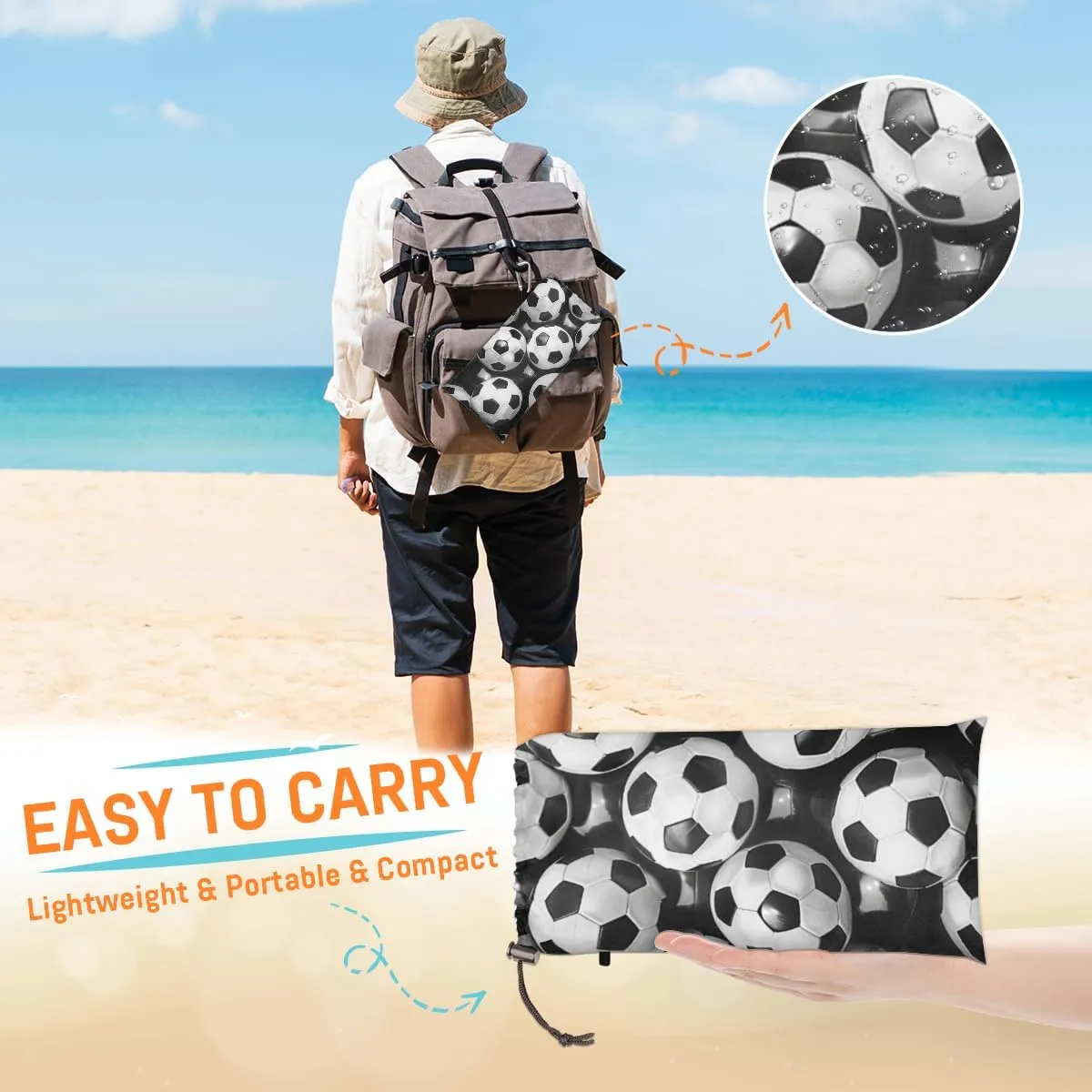 Soccer Ball Beach Blanket, Sandproof Beach Mat, Adults Waterproof Quick Drying Sand Free Mat with 4 x Ground Spikes for Outdoor Travel Camping Hiking, Soccer Pattern