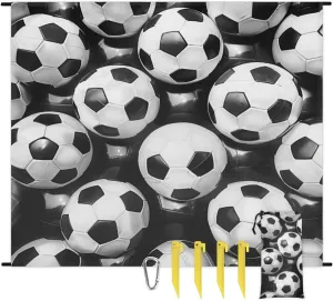 Soccer Ball Beach Blanket, Sandproof Beach Mat, Adults Waterproof Quick Drying Sand Free Mat with 4 x Ground Spikes for Outdoor Travel Camping Hiking, Soccer Pattern