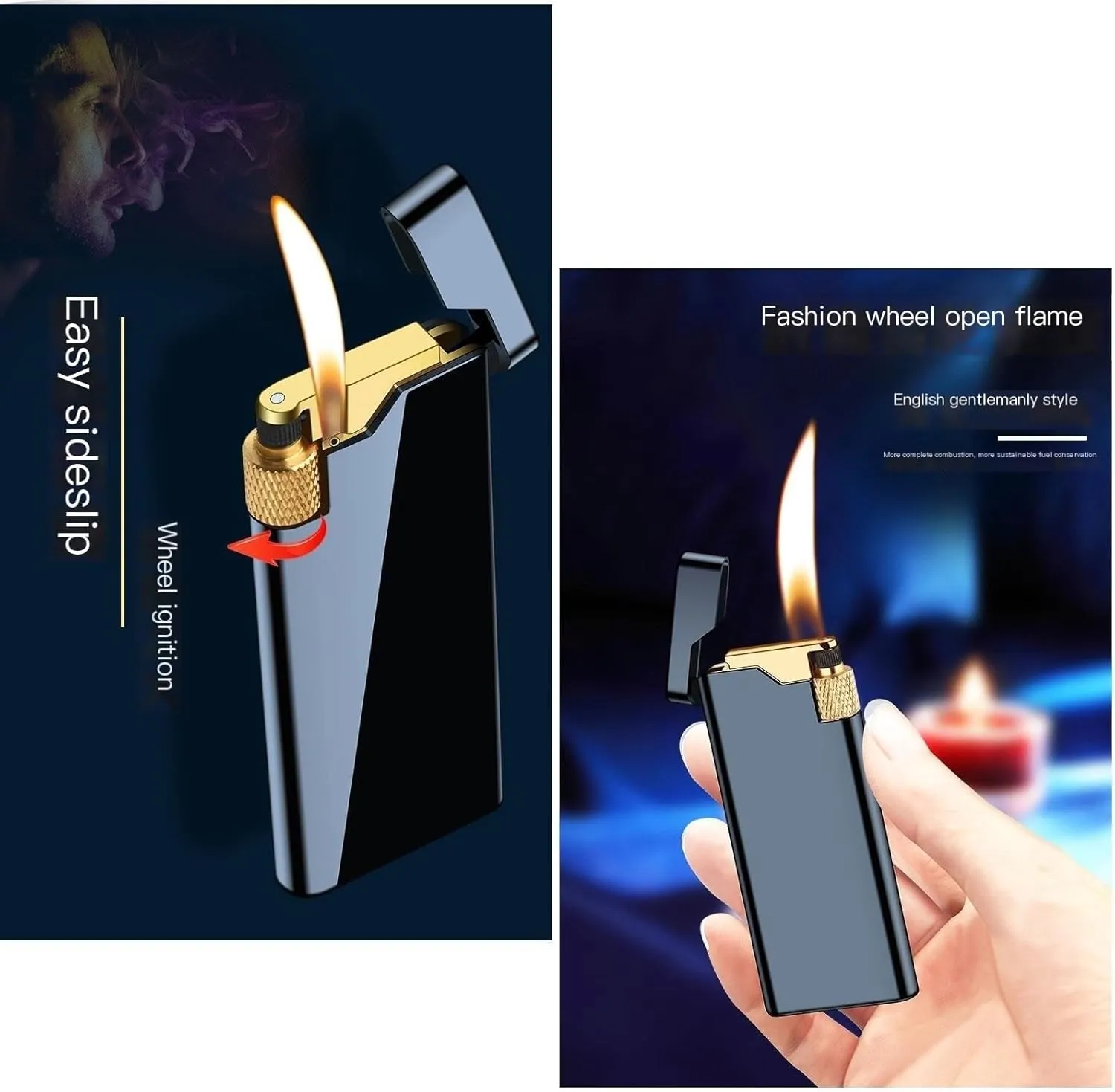 Soft Flame Lighter,Refillable Lighters，Wheel Flint Ignition Portable Slim Lighter Adjustable Flame,Birthday Gifts for Men Dad Husband(Without Gas) (Color : Gold Silver)