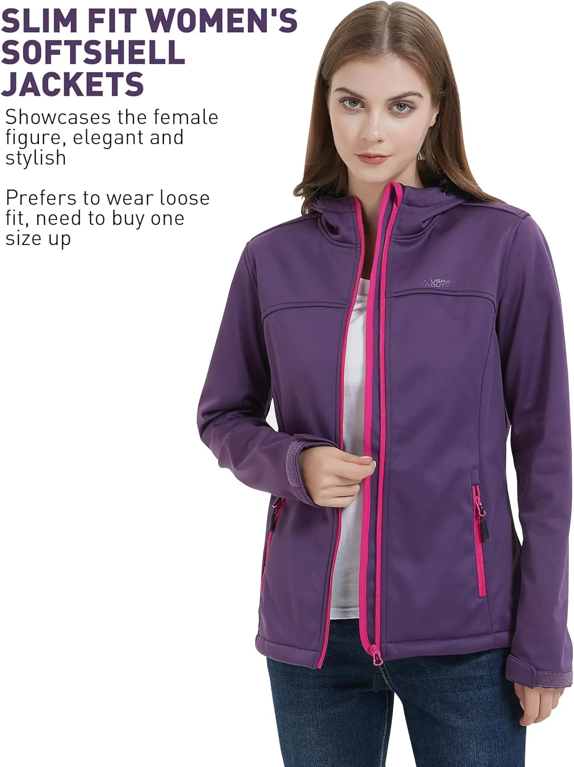 Softshell Jacket Women Fleece Lined Lightweight Jacket Waterproof Coat with Hooded Outdoor Hiking