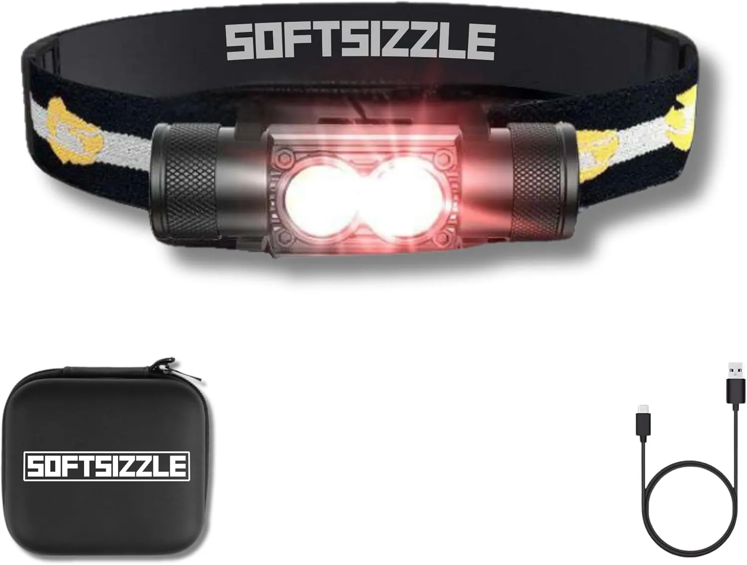 SoftSizzle® 2000 Lumen Rechargeable LED Headlamp, IP66 Waterproof, 58H Runtime, 3350mAh Battery, 180° Adjustable, Red Light, for Camping, Hiking, Running, Hard Hat, Emergency