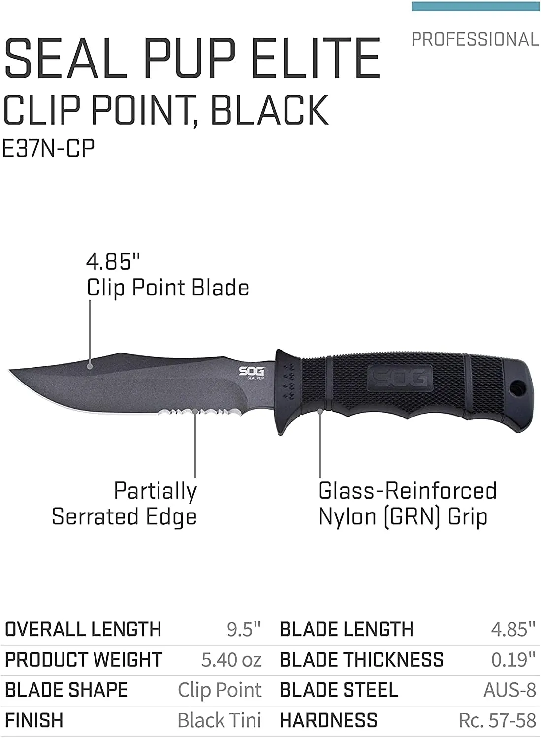 SOG Fixed Blade Knives with Sheath - SEAL Pup Tactical Knife, Survival Knife and Hunting Knife w/ 4.75 Inch Blade and Knife Sheath