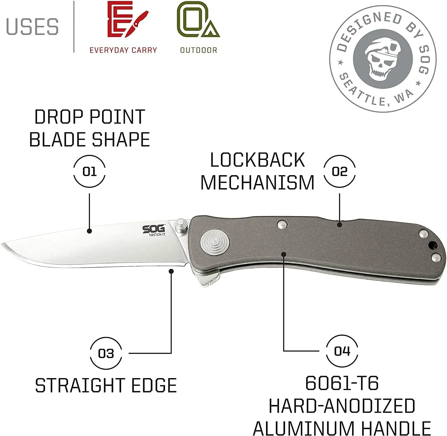 SOG Twitch II Drop Point 2.65in Everyday Carry Portable Compact Well-Rounded Camping Pocket Folding Knife | AUS-8 Steel Blade