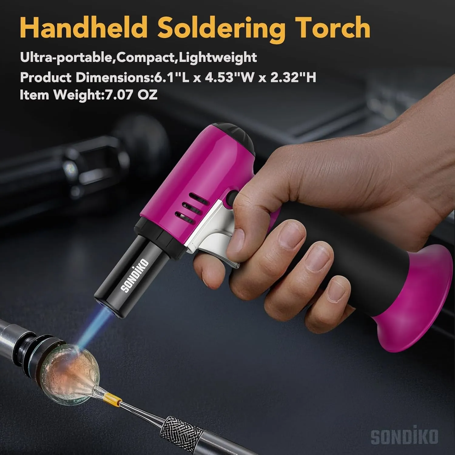 Sondiko Butane Torch with Fuel Gauge S907, Refillable Soldering Torch Lighter with Adjustable Flame for Welding, Resin Art, Industrial, Pink&Black(Butane Gas Not Included)