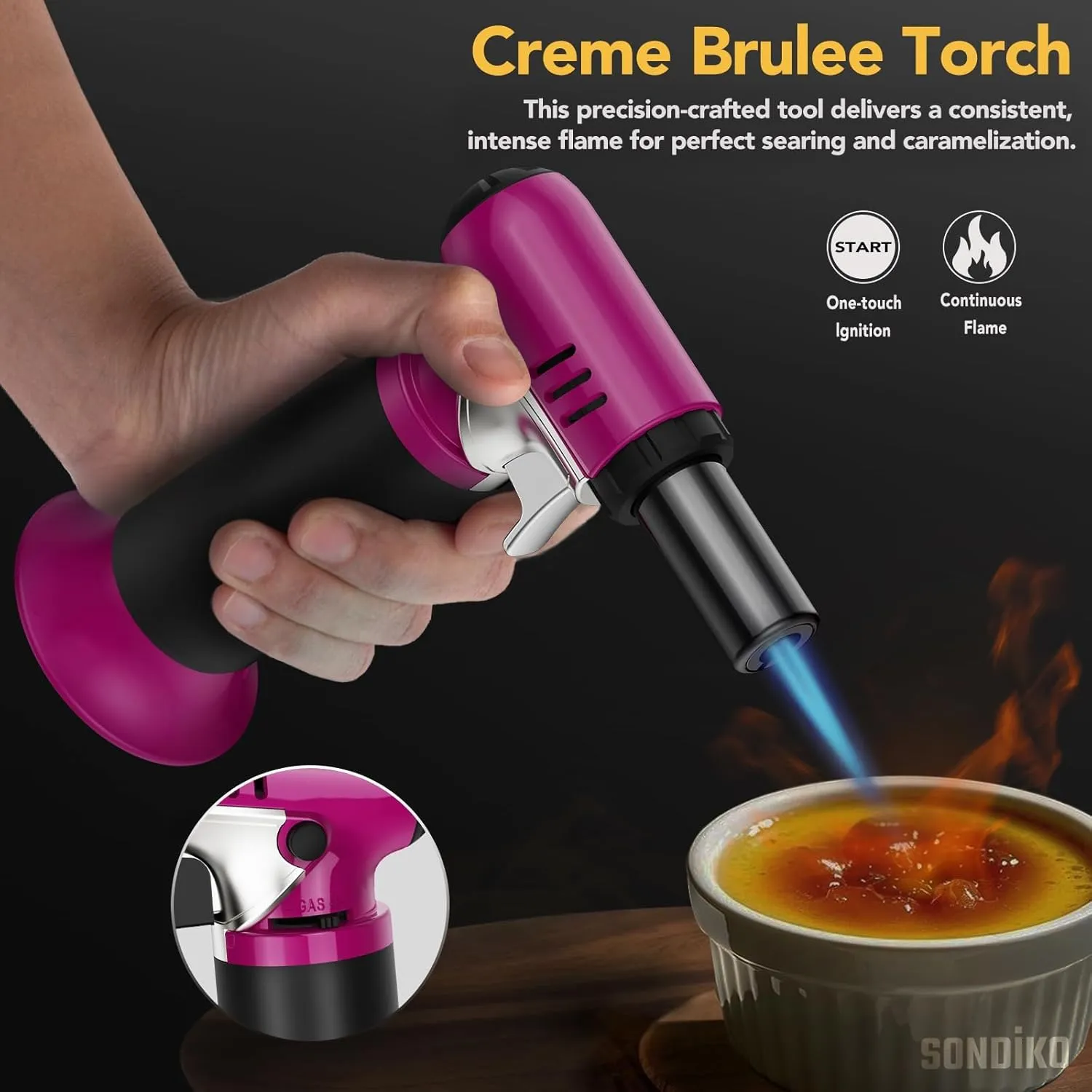 Sondiko Butane Torch with Fuel Gauge S907, Refillable Soldering Torch Lighter with Adjustable Flame for Welding, Resin Art, Industrial, Pink&Black(Butane Gas Not Included)