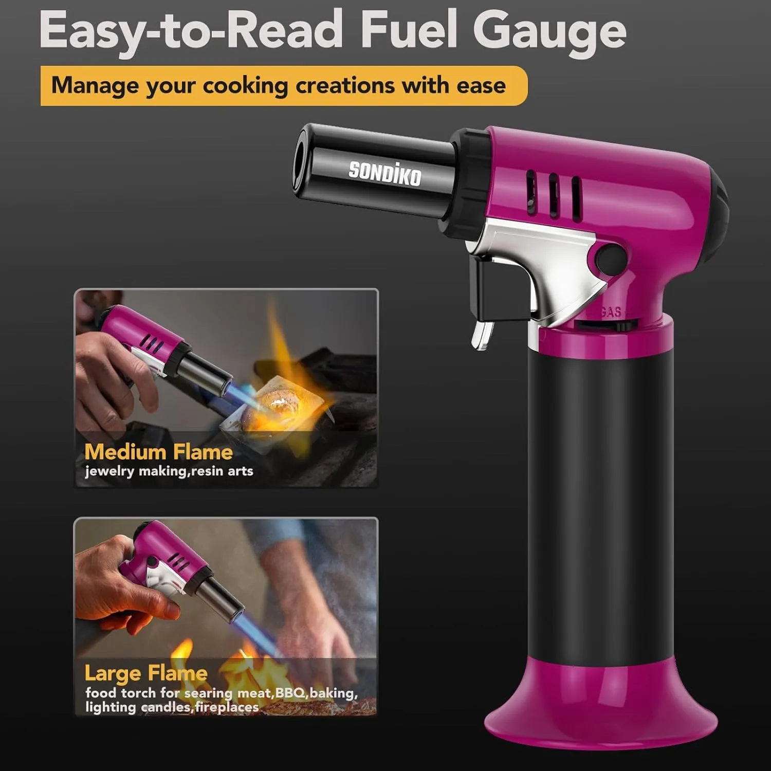 Sondiko Butane Torch with Fuel Gauge S907, Refillable Soldering Torch Lighter with Adjustable Flame for Welding, Resin Art, Industrial, Pink&Black(Butane Gas Not Included)