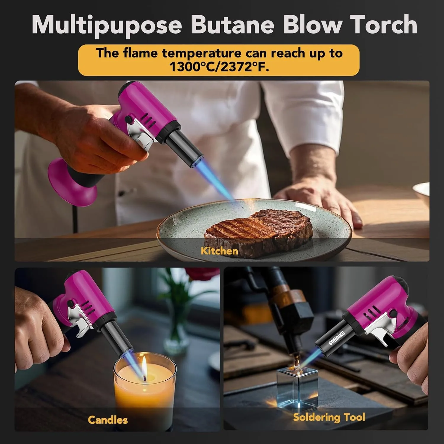 Sondiko Butane Torch with Fuel Gauge S907, Refillable Soldering Torch Lighter with Adjustable Flame for Welding, Resin Art, Industrial, Pink&Black(Butane Gas Not Included)