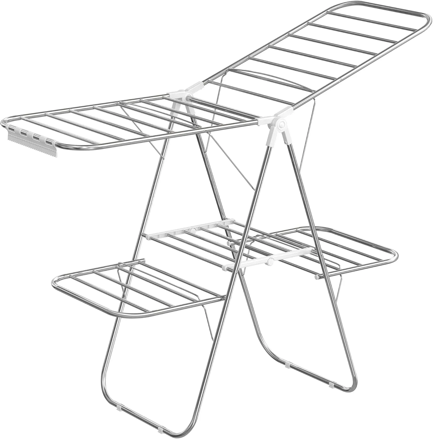 SONGMICS Clothes Drying Rack, Foldable 2-Level Laundry Drying Rack, Free-Standing Laundry Airer, with Height-Adjustable Wings, 33 Drying Rails, Sock Clips, Silver and White ULLR053W01V1