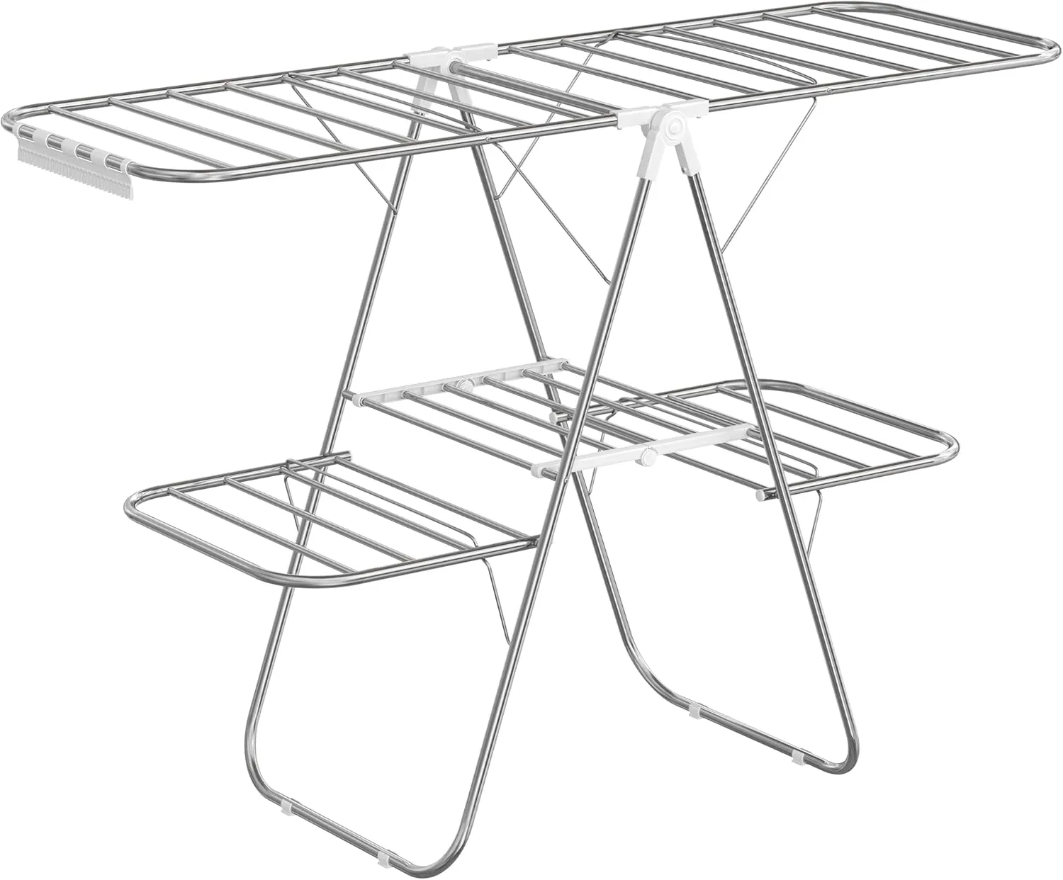 SONGMICS Clothes Drying Rack, Foldable 2-Level Laundry Drying Rack, Free-Standing Laundry Airer, with Height-Adjustable Wings, 33 Drying Rails, Sock Clips, Silver and White ULLR053W01V1