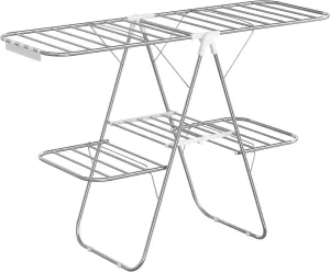 SONGMICS Clothes Drying Rack, Foldable 2-Level Laundry Drying Rack, Free-Standing Laundry Airer, with Height-Adjustable Wings, 33 Drying Rails, Sock Clips, Silver and White ULLR053W01V1