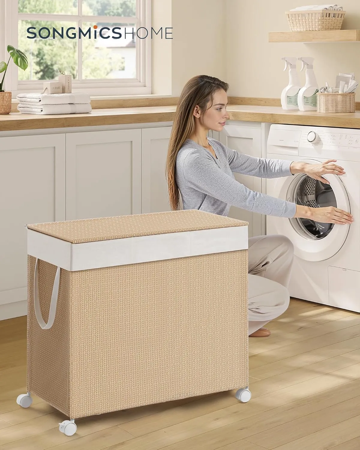 SONGMICS HOME Laundry Hamper with 3 Section, Large 140 L Rolling Laundry Basket with Wheels, Rattan Clothes Basket with Lid, Removable Liner with Handles, Natural Beige and Matte White ULCB602N01
