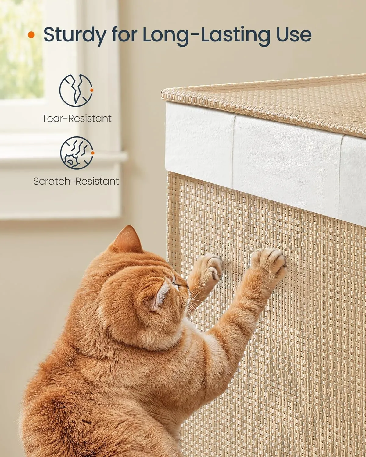 SONGMICS HOME Laundry Hamper with 3 Section, Large 140 L Rolling Laundry Basket with Wheels, Rattan Clothes Basket with Lid, Removable Liner with Handles, Natural Beige and Matte White ULCB602N01