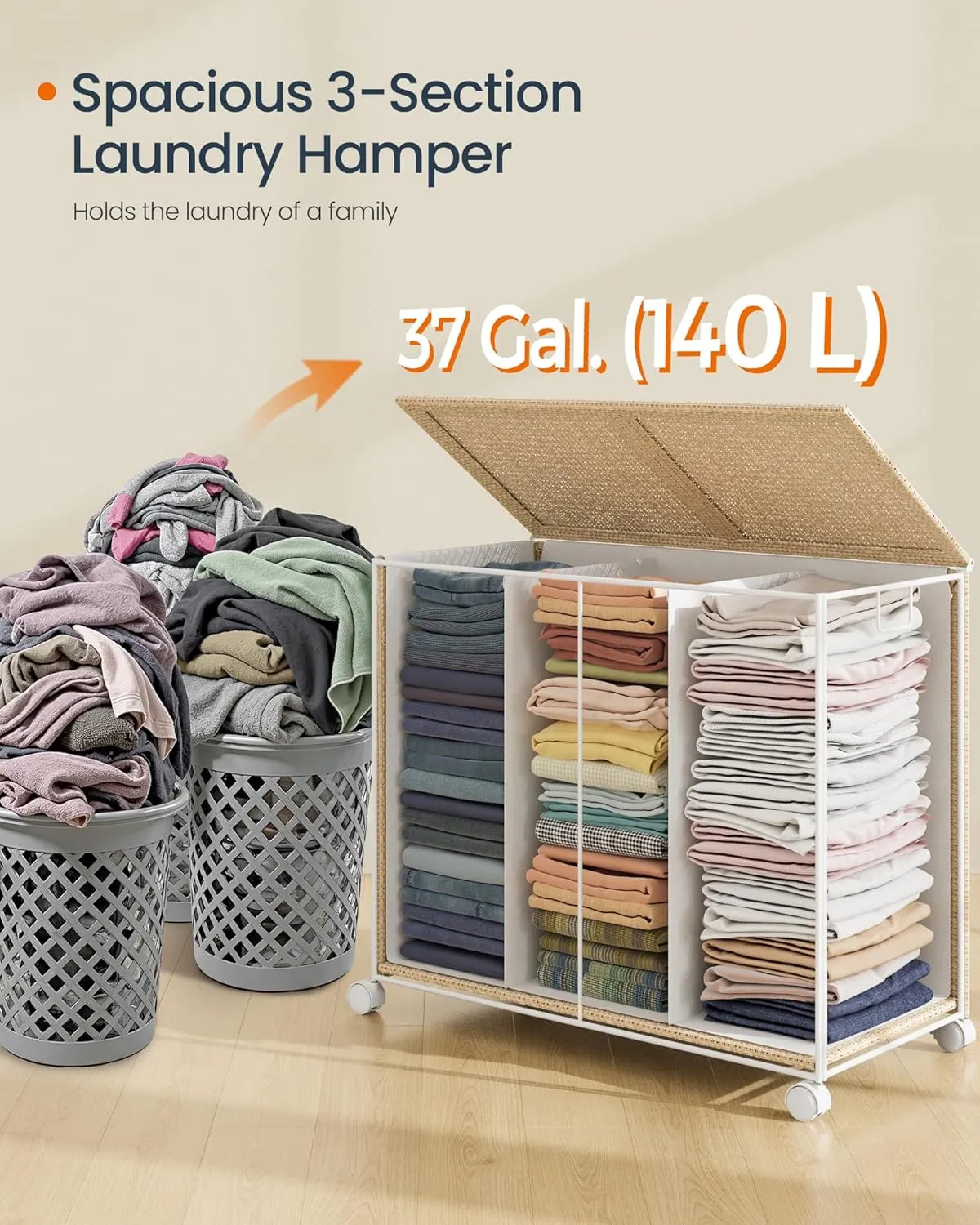 SONGMICS HOME Laundry Hamper with 3 Section, Large 140 L Rolling Laundry Basket with Wheels, Rattan Clothes Basket with Lid, Removable Liner with Handles, Natural Beige and Matte White ULCB602N01