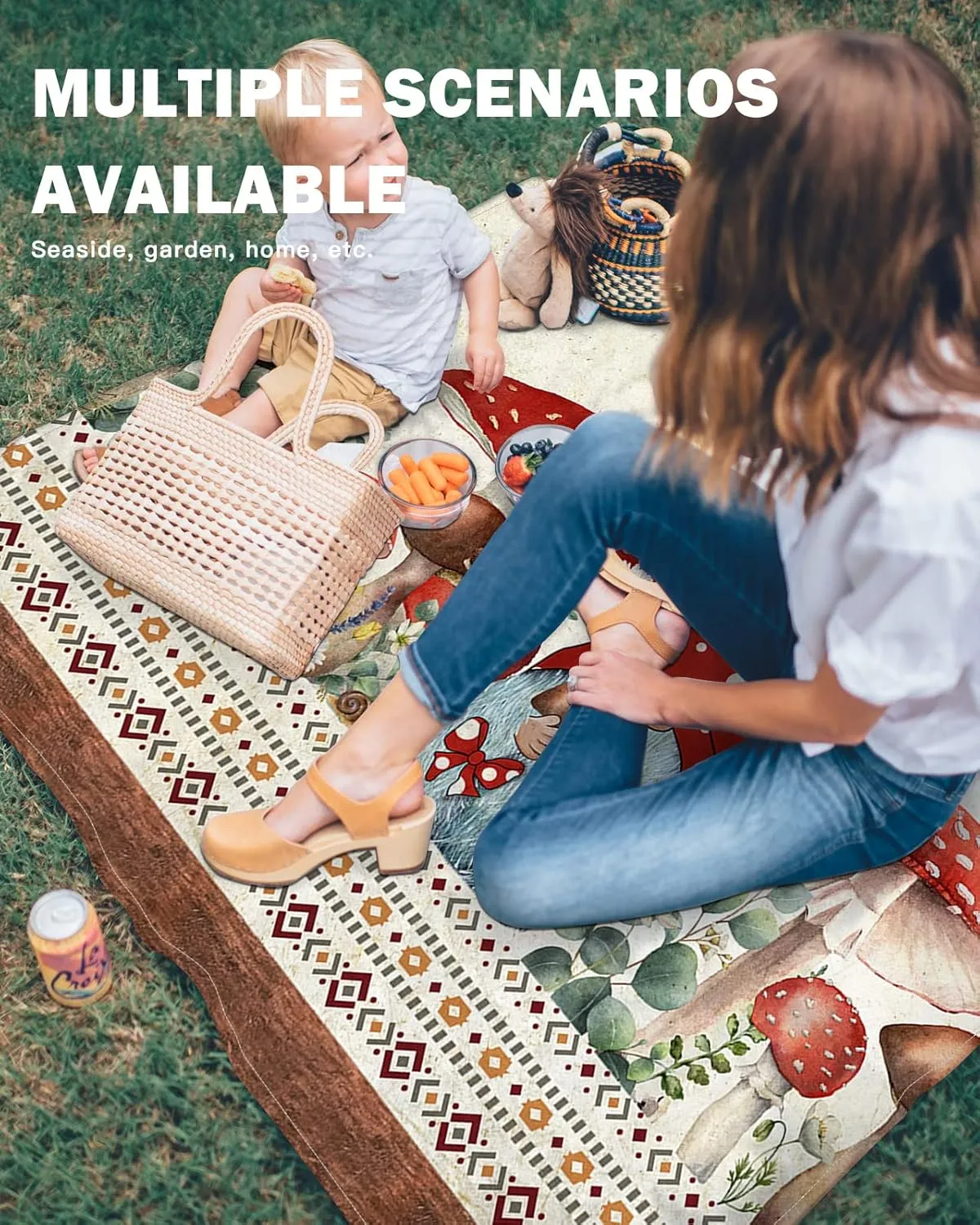 Southwest Beach Blanket Large with Stakes Waterproof Sandproof Beach Mat with Corner Pockets for Outdoor Travel Camping Hiking Picnic Essentials,Mushroom Bohomain Gnomes Butter-fly Eucalyptus 95"x80"