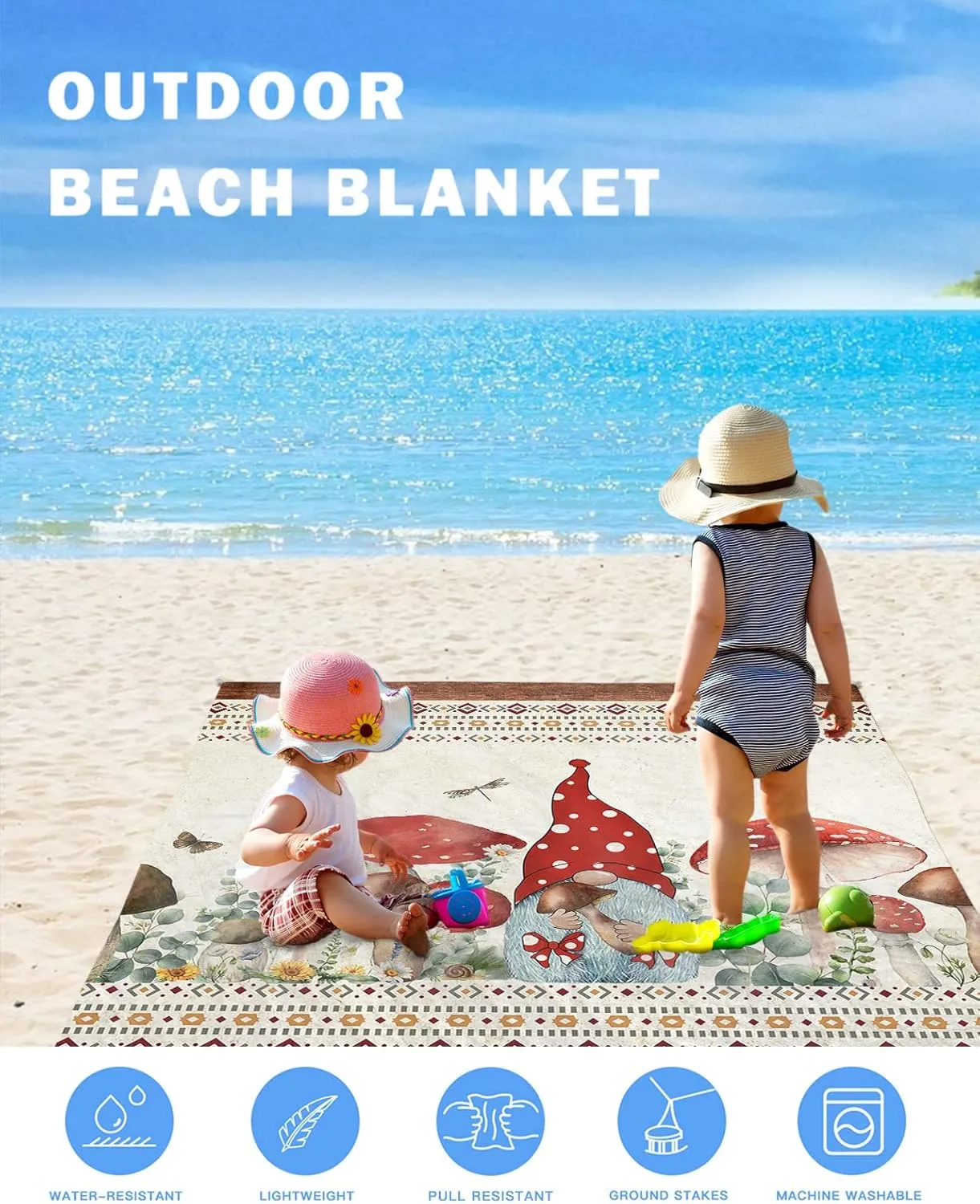 Southwest Beach Blanket Large with Stakes Waterproof Sandproof Beach Mat with Corner Pockets for Outdoor Travel Camping Hiking Picnic Essentials,Mushroom Bohomain Gnomes Butter-fly Eucalyptus 95"x80"