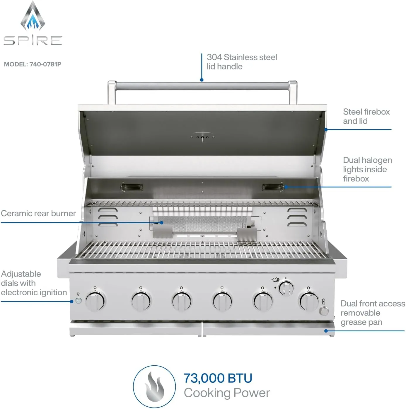 Spire Premium 6 Burner Built In Gas Grill Island Head, Stainless Steel 36 Inch Propane Grill with Rear Burner, 73,000 BTUs, 904 SQ In Racks with Dual Fuel Compatibility - 740-0781P