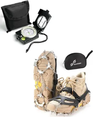 Sportneer Compass Military Grade Compass Hiking Survival with Sighting Mirror   Crampons Ice Cleats for Shoes Boot with 19 Stainless Steel Spikes for Hiking Walking
