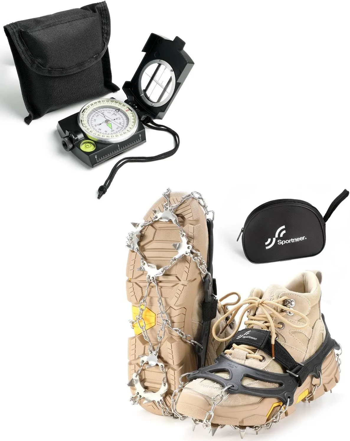 Sportneer Compass Military Grade Compass Hiking Survival with Sighting Mirror   Crampons Ice Cleats for Shoes Boot with 19 Stainless Steel Spikes for Hiking Walking