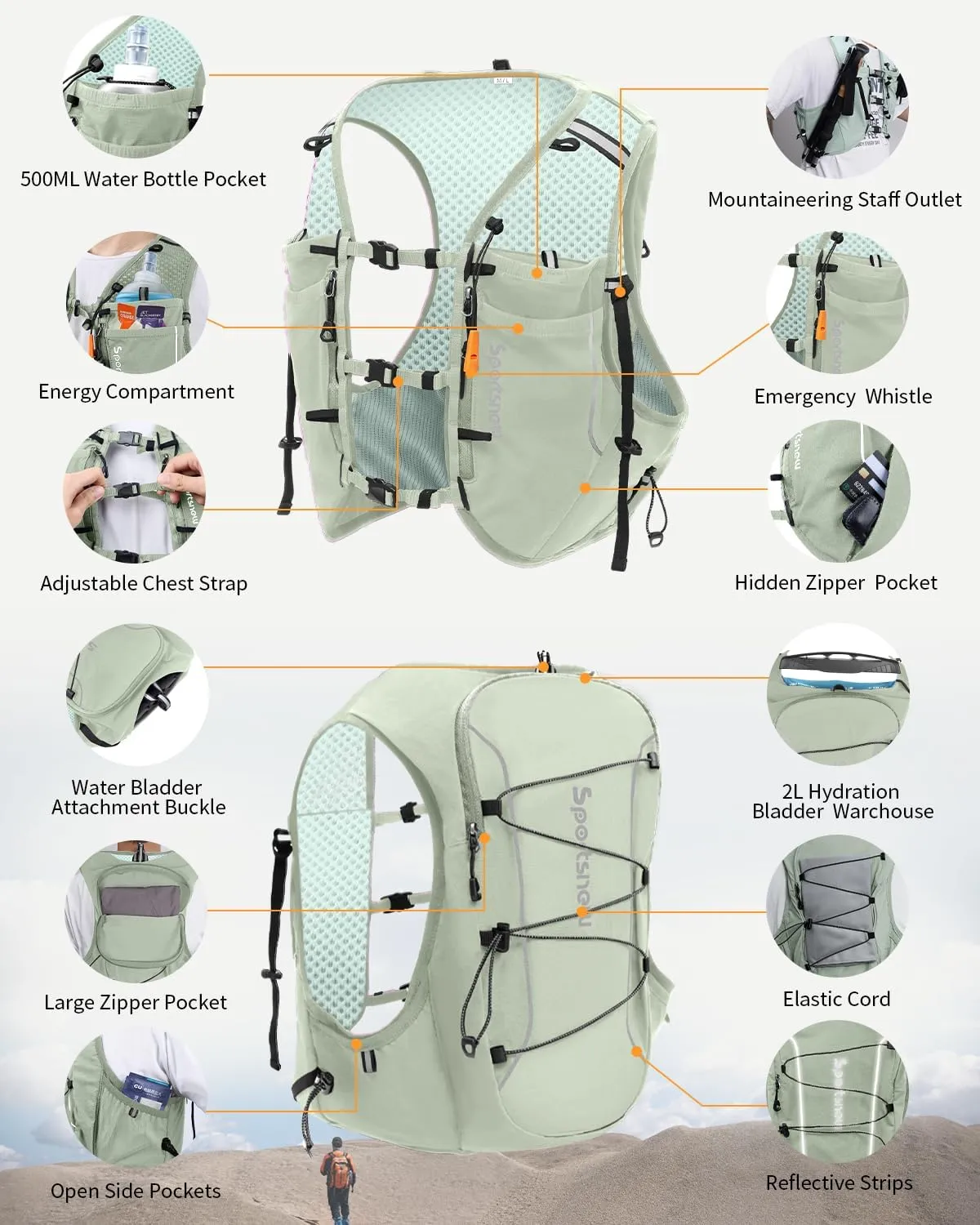 sportsnew Running Vest for Women Men, Lightweight 10L Hydration Backpack with Waterproof Phone Pocket, Breathable Pack for Hiking Trail Running Cycling Marathon