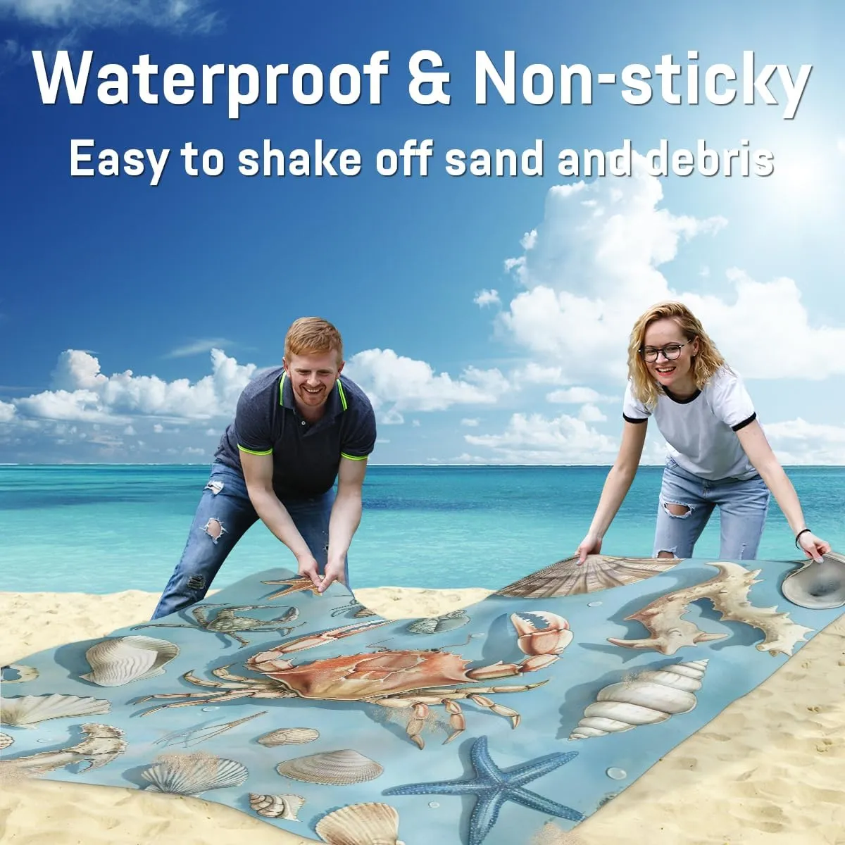 Spring Ocean Beach Blanket, Sandproof Beach Mat, Adults Waterproof Quick Drying Sand Free Mat with 4 x Ground Spikes for Outdoor Travel Camping Hiking, Starfish Crab Seashell