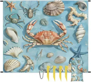 Spring Ocean Beach Blanket, Sandproof Beach Mat, Adults Waterproof Quick Drying Sand Free Mat with 4 x Ground Spikes for Outdoor Travel Camping Hiking, Starfish Crab Seashell