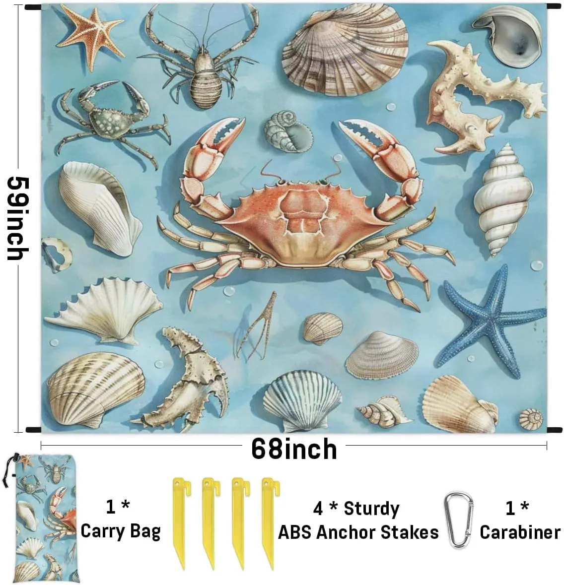 Spring Ocean Beach Blanket, Sandproof Beach Mat, Adults Waterproof Quick Drying Sand Free Mat with 4 x Ground Spikes for Outdoor Travel Camping Hiking, Starfish Crab Seashell