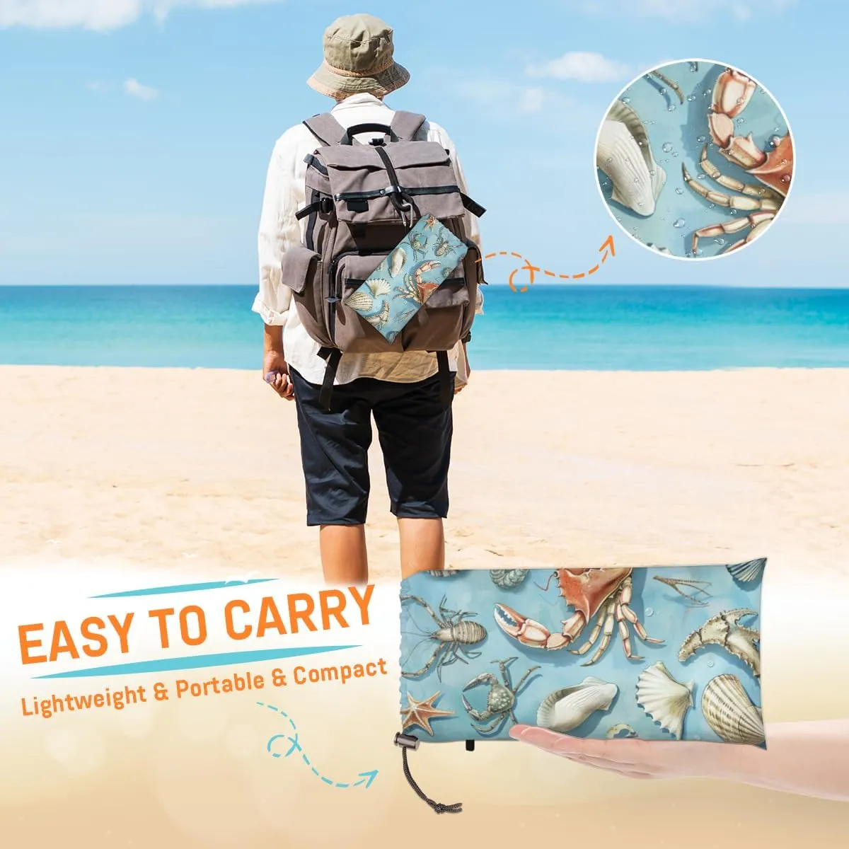 Spring Ocean Beach Blanket, Sandproof Beach Mat, Adults Waterproof Quick Drying Sand Free Mat with 4 x Ground Spikes for Outdoor Travel Camping Hiking, Starfish Crab Seashell