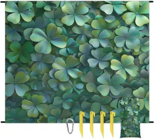 St Patricks Day Beach Blanket, Sandproof Beach Mat, Adults Waterproof Quick Drying Sand Free Mat with 4 x Ground Spikes for Outdoor Travel Camping Hiking, Green Clover Shamrock